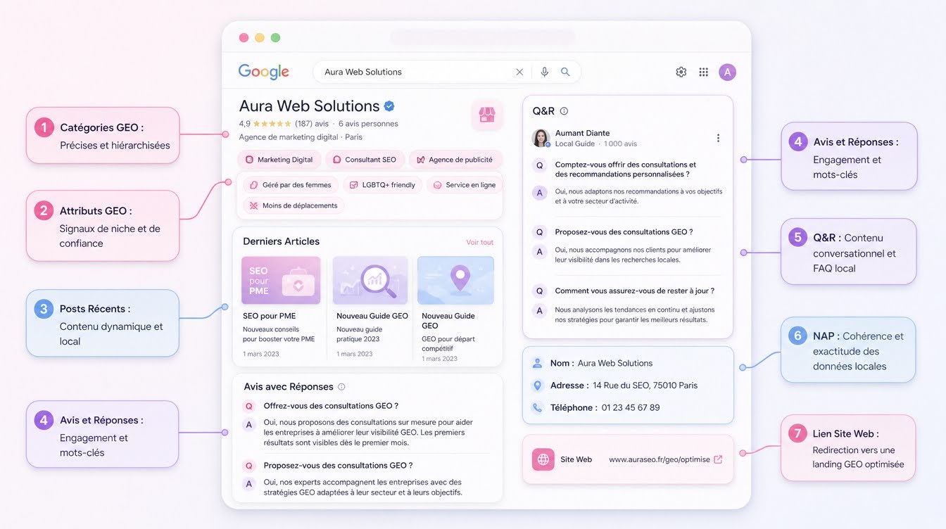 Fiche Google Business Profile optimisée pour le GEO avec 7 zones clés à structurer