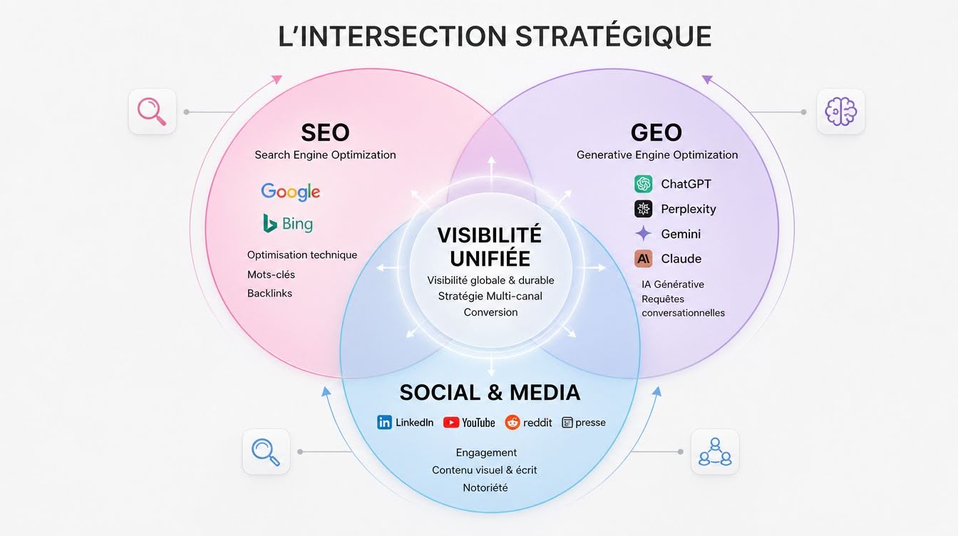 Schéma Global Search montrant l’intersection entre SEO, GEO et signaux externes