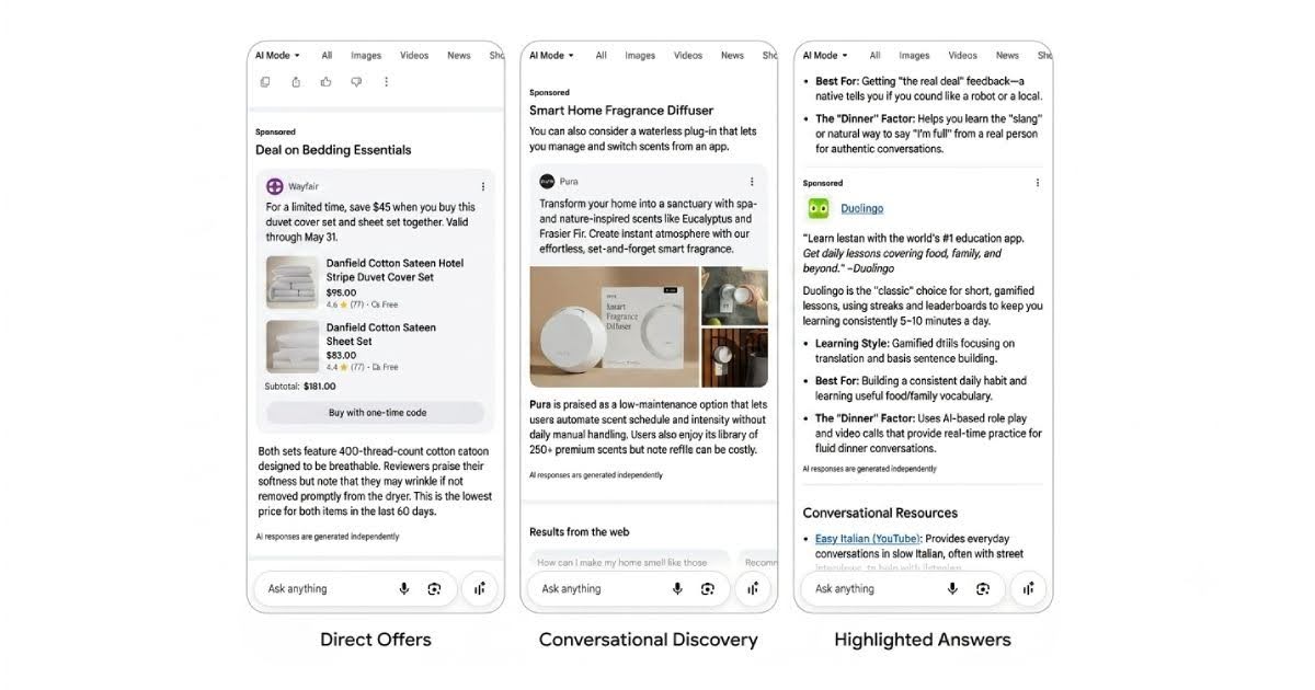 Illustration des deux nouveaux formats publicitaires Gemini annoncés à Google Marketing Live 2026