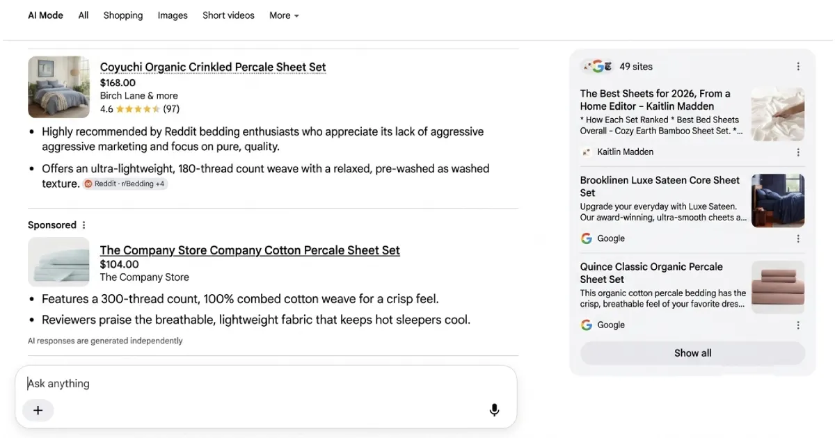 Capture d'écran montrant des produits Shopping insérés directement dans une réponse conversationnelle de Google AI Mode.