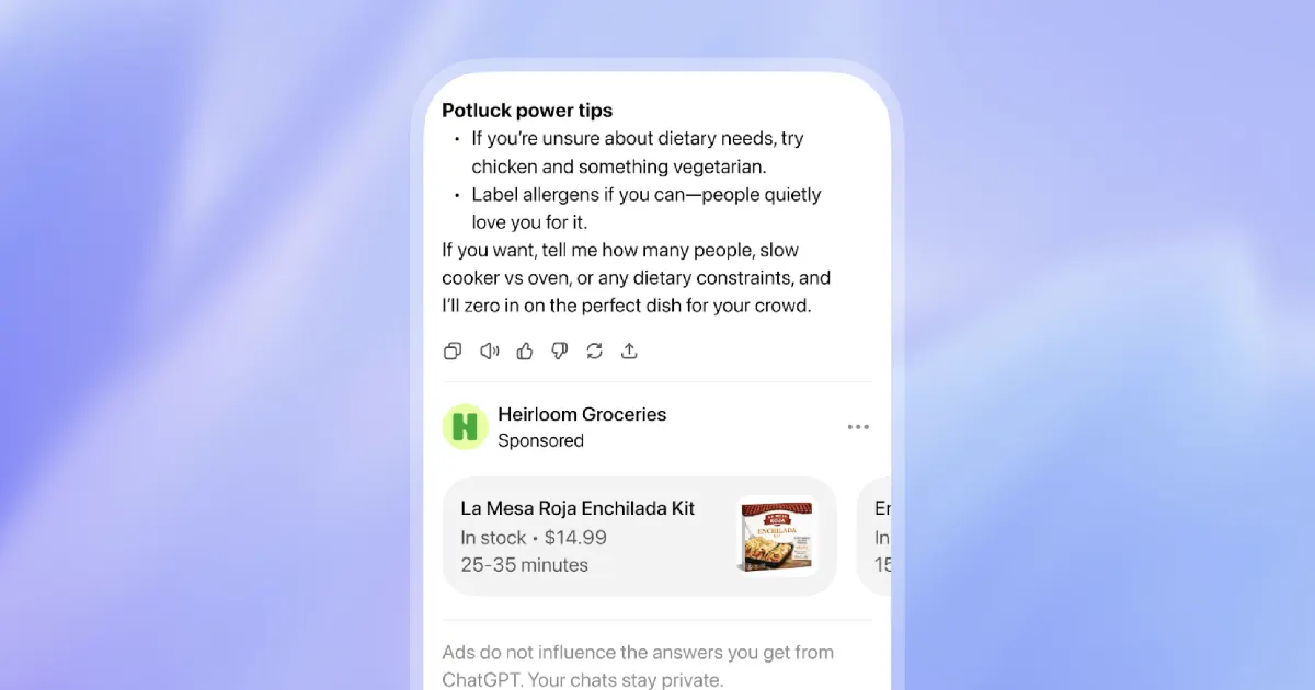 Illustration conceptuelle d'un exemple de carte sponsorisée (tinted box) intégrée dans une interface de discussion de ChatGPT