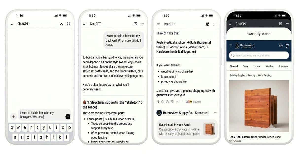 Capture issue d'une présentation officielle d'OpenAI montrant un exemple de carte sponsorisée ChatGPT Ads avec mention Sponsorisé