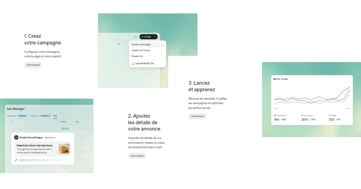 Illustration conceptuelle d'une interface ChatGPT Ads Manager présentant la création et le suivi d'une campagne publicitaire